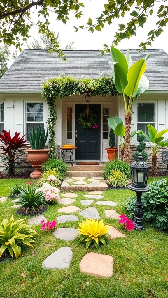 A beautifully designed front yard garden with vibrant flowers, greenery, and a welcoming pathway.