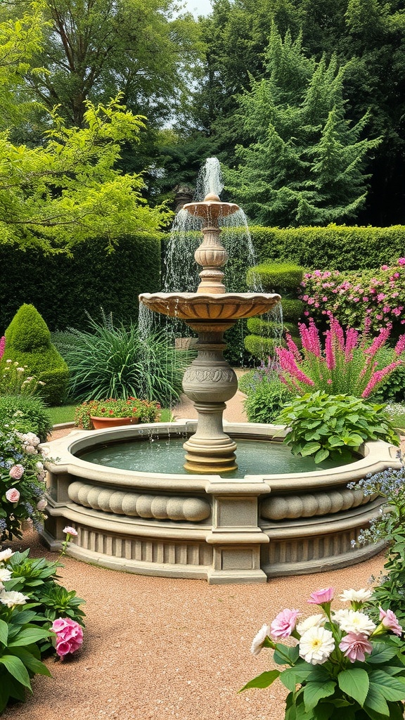 A beautiful fountain in a garden surrounded by colorful flowers and greenery