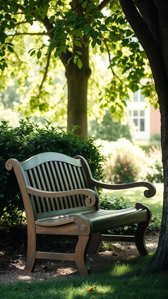 A classic curved garden bench under a tree, surrounded by greenery.