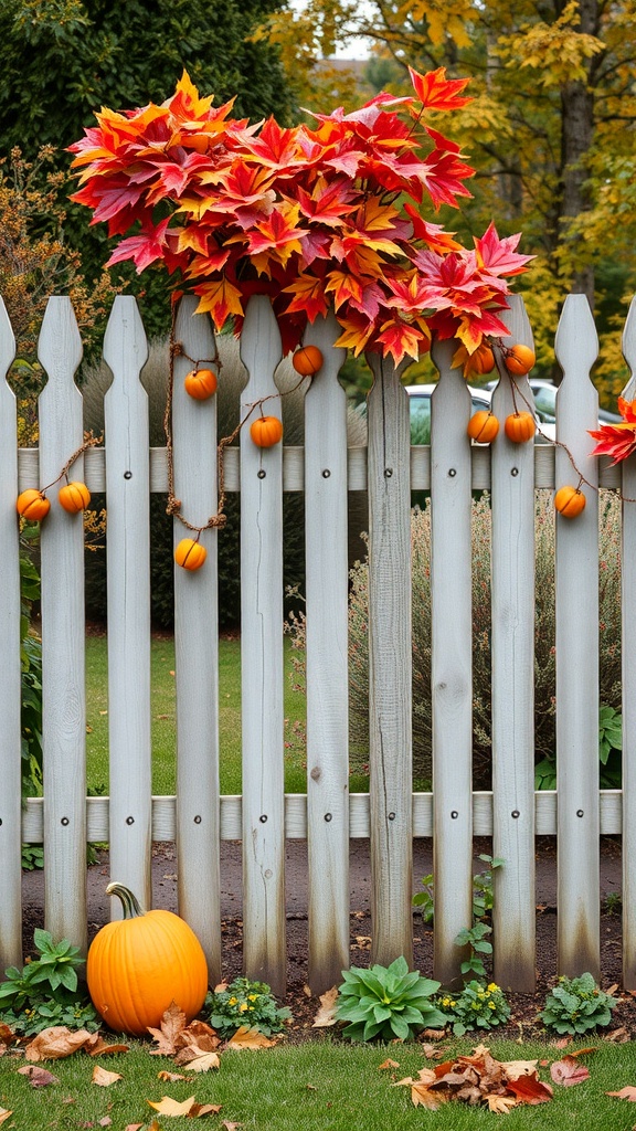 A garden fence decorated with autumn leaves and pumpkins.