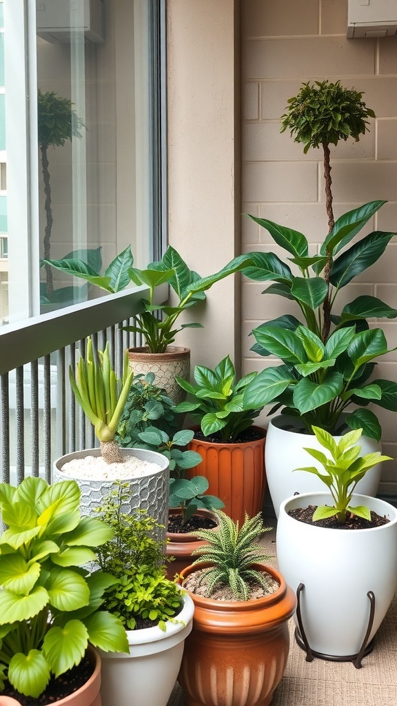 A collection of potted plants on a balcony, showcasing various sizes and types of greenery.