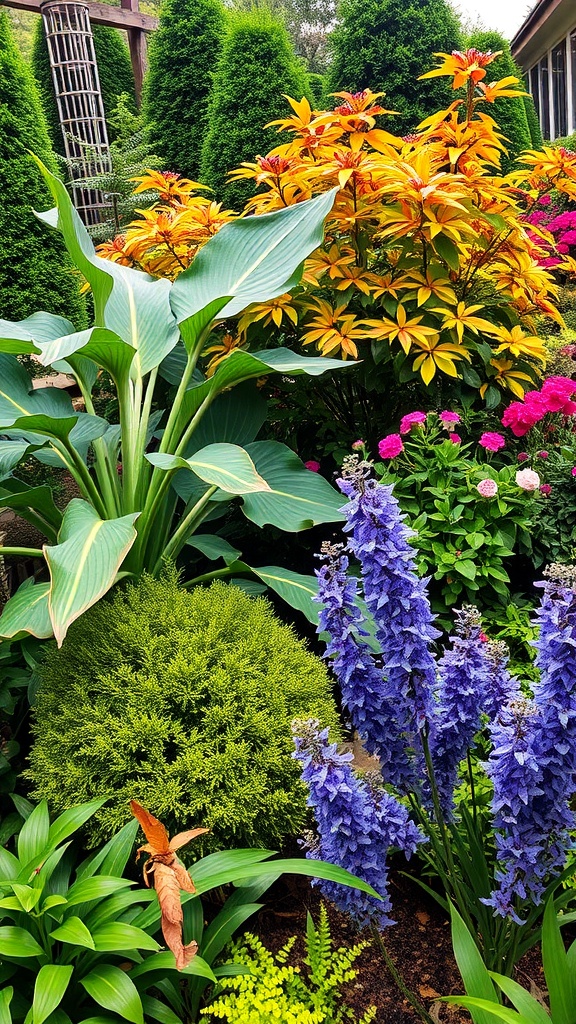 A vibrant botanical garden featuring a mix of colorful plants and flowers.