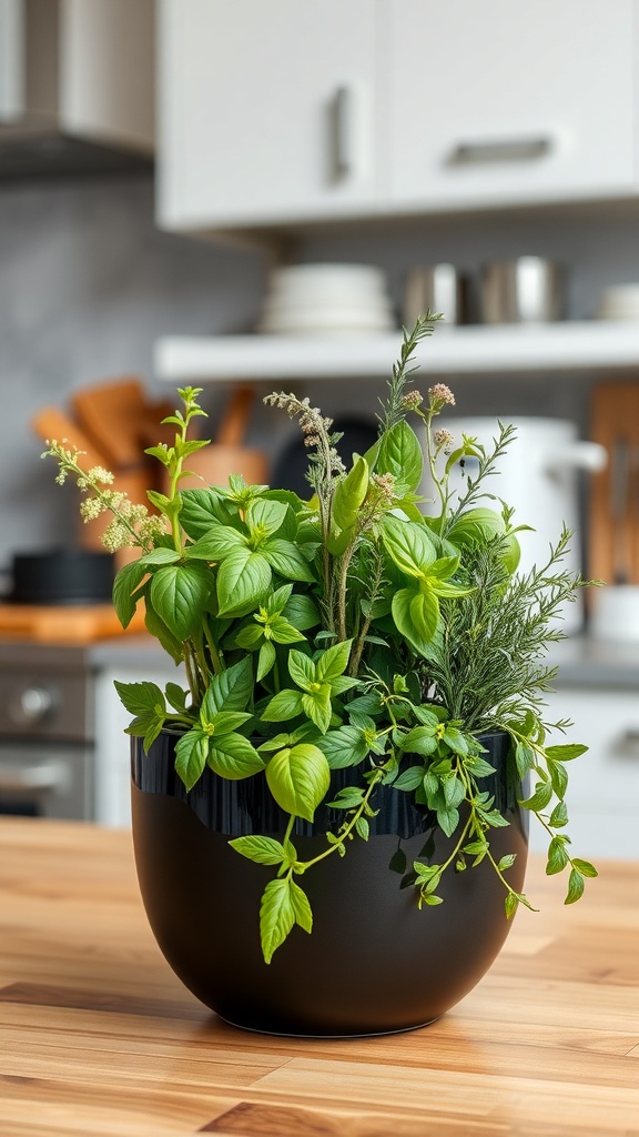 A black planter filled with various fresh herbs on a kitchen counter.
