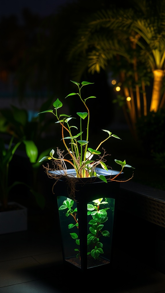 A stylish planter with built-in lighting showcasing vibrant green plants at night.