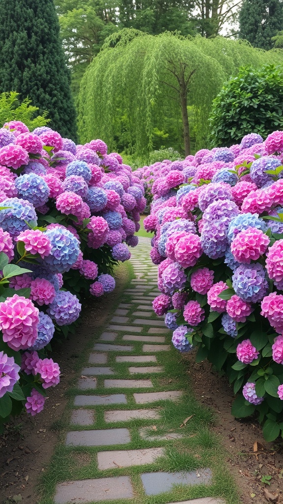 A beautiful pathway lined with pink and blue hydrangeas, leading through a lush garden.