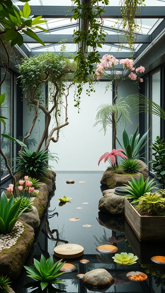 A serene indoor water garden featuring lush plants, flowers, and a tranquil water feature.