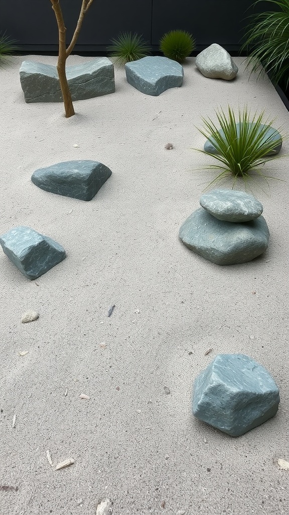 A tranquil Zen garden bed featuring smooth stones, soft sand, and small green plants.