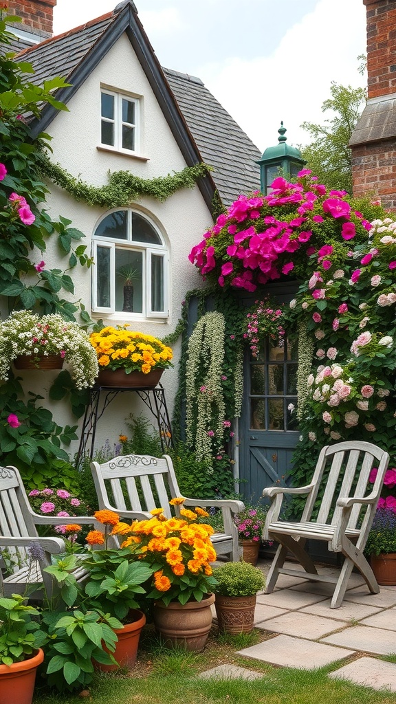 A charming cottage garden with colorful flowers and wooden chairs