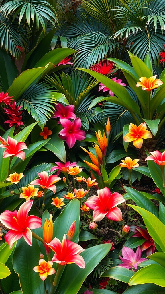 A vibrant tropical garden filled with colorful flowers and lush green leaves.