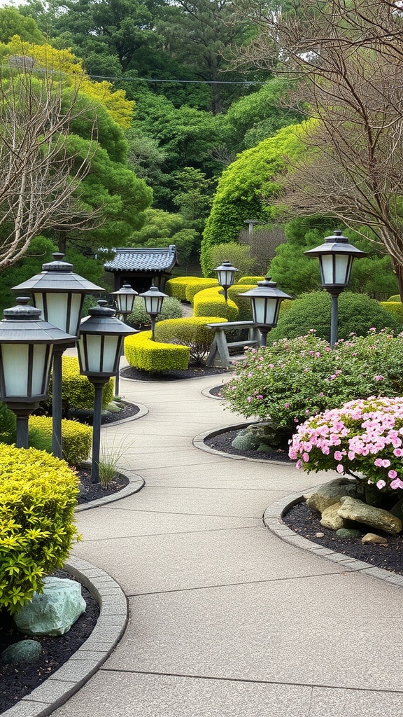 A winding pathway in a Japanese garden lined with lanterns and colorful plants.
