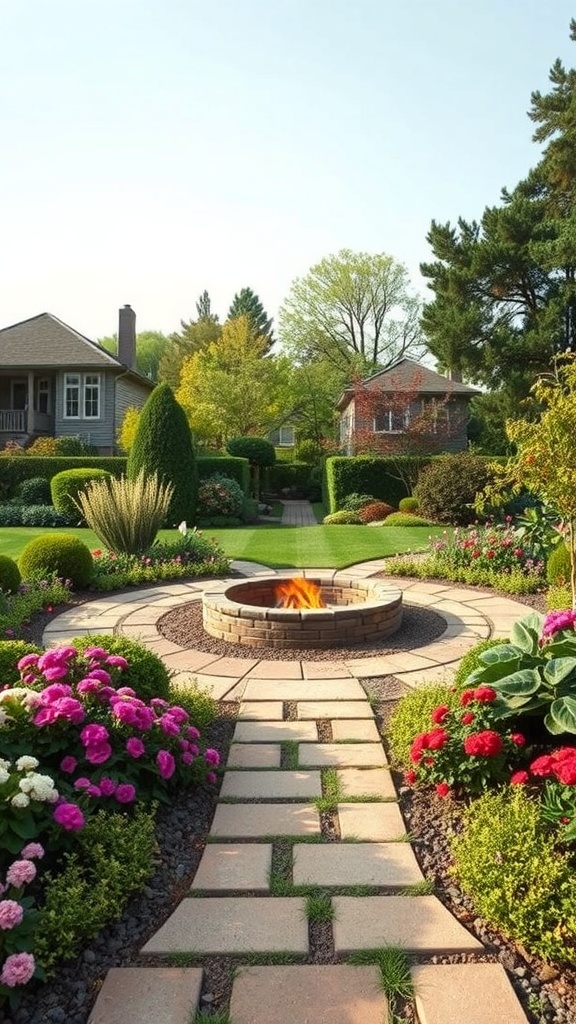 A beautifully landscaped garden featuring a fire pit surrounded by colorful flowers and a stone pathway.