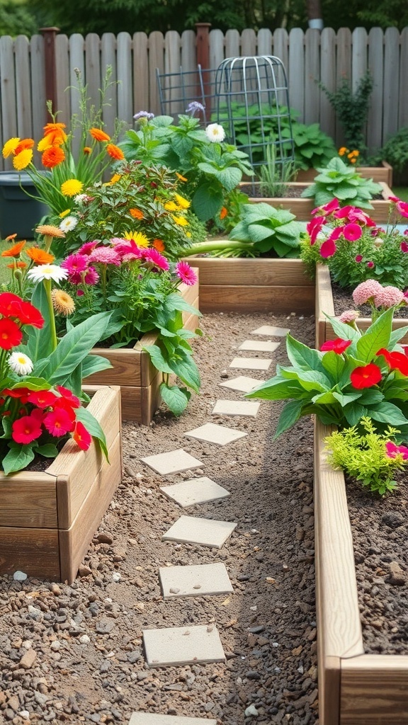 A vibrant garden with raised wooden beds filled with colorful flowers and a stone pathway.