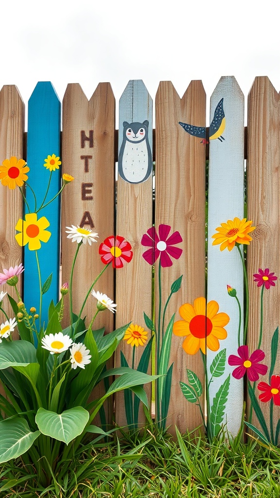 A colorful wooden fence with painted flowers and animals