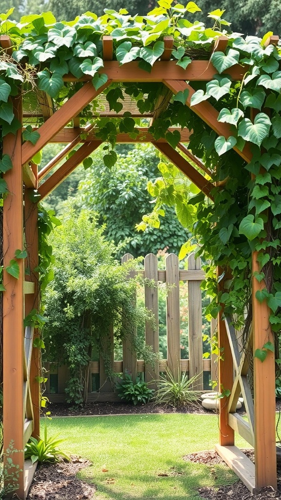A wooden arbor covered with green vines, leading into a lush garden.