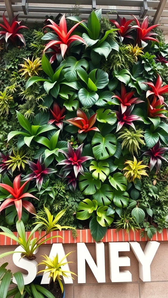 A vibrant vertical garden with various plants, including large green leaves and red flowers, alongside the word 'SANAY' in white letters.