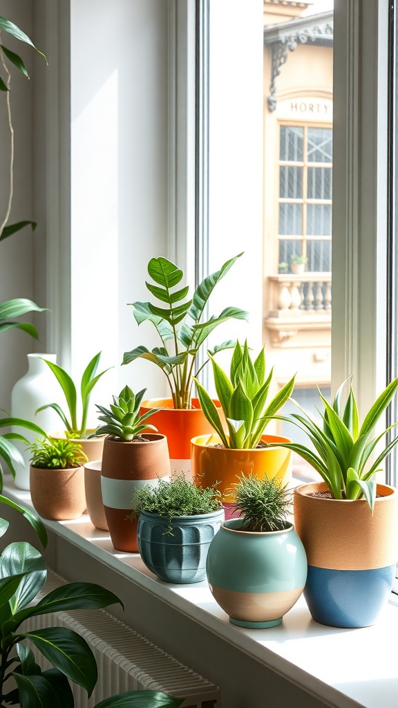 A collection of decorative ceramic planters with various plants on a windowsill.