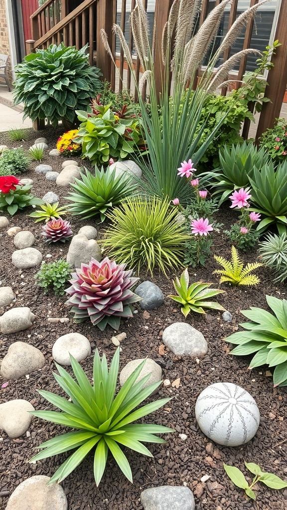 A beautifully arranged garden bed featuring various plants, flowers, and stones.
