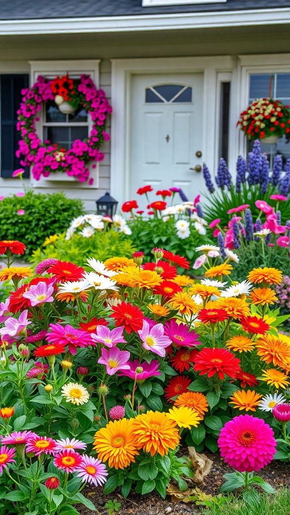 A vibrant front yard garden filled with colorful flowers, showcasing seasonal blooms.