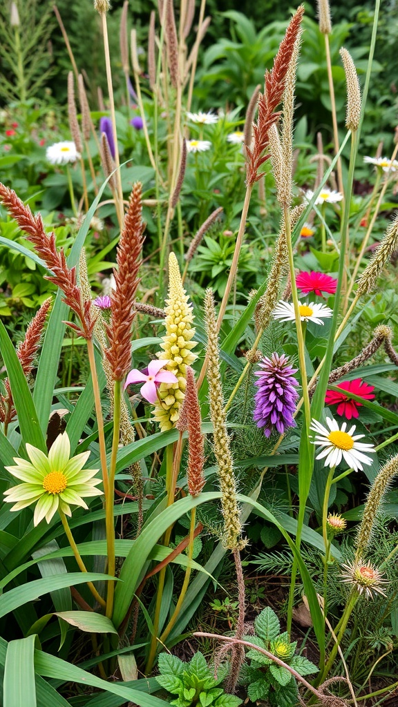 A vibrant display of native flowers and grasses in a botanical garden.