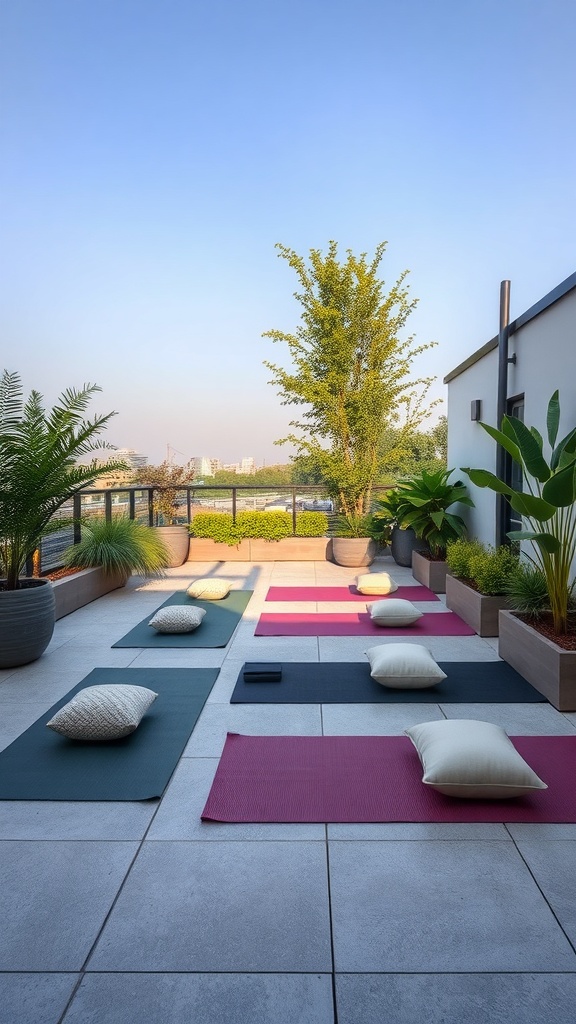 A rooftop meditation space with yoga mats and cushions surrounded by plants.