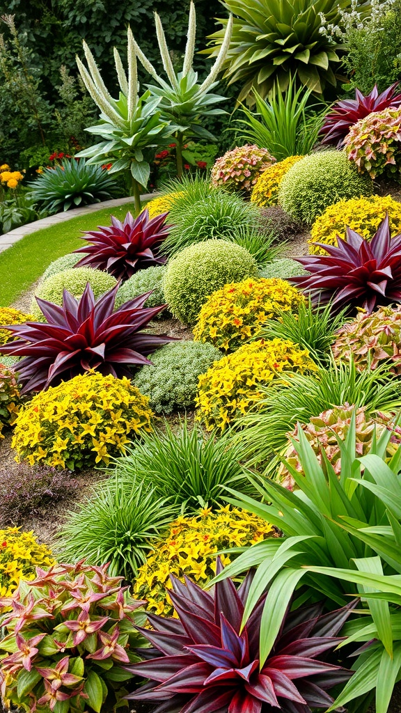 A vibrant sloped garden featuring a mix of colorful plants, including yellow flowers, red foliage, and green textures.