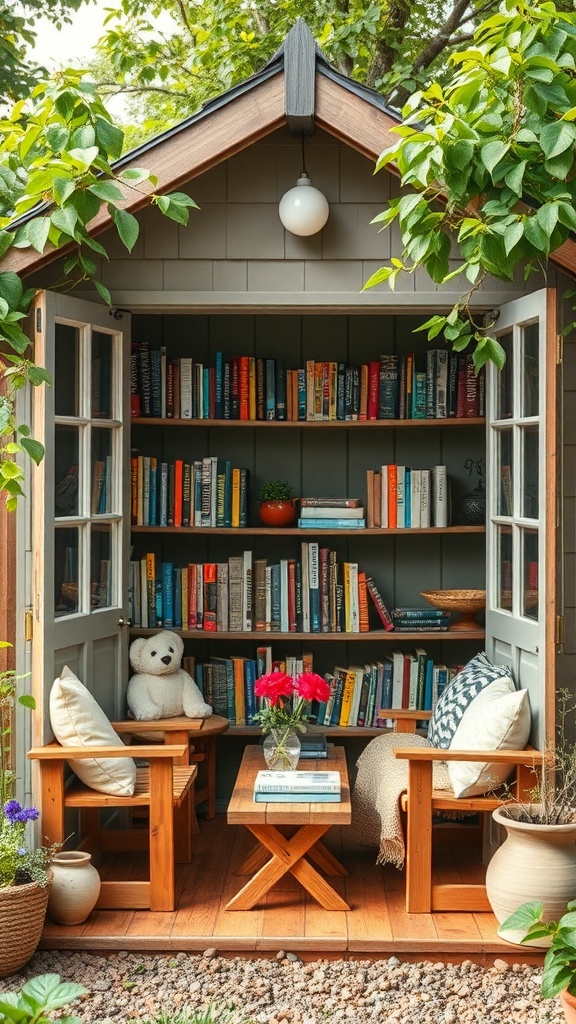 A cozy reading nook shed with bookshelves, two chairs, a small table, and greenery.