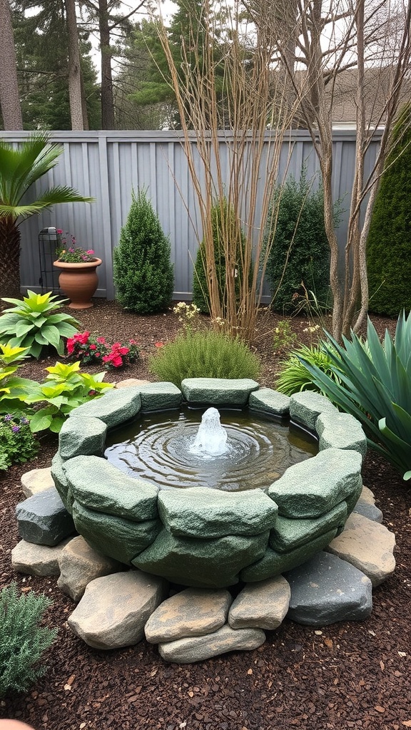 A circular fountain made of stones, surrounded by plants and flowers in a garden.