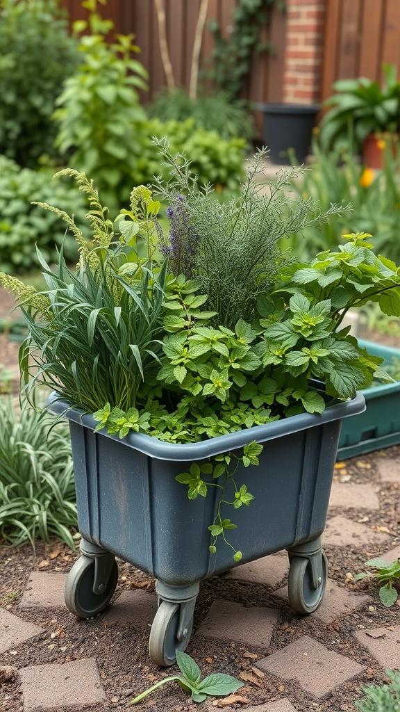 A portable planter on wheels filled with various herbs and plants in a garden setting.
