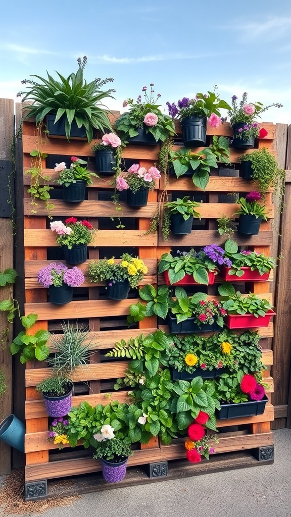 A vertical garden made from wooden pallets, featuring various colorful flowers and plants in pots.