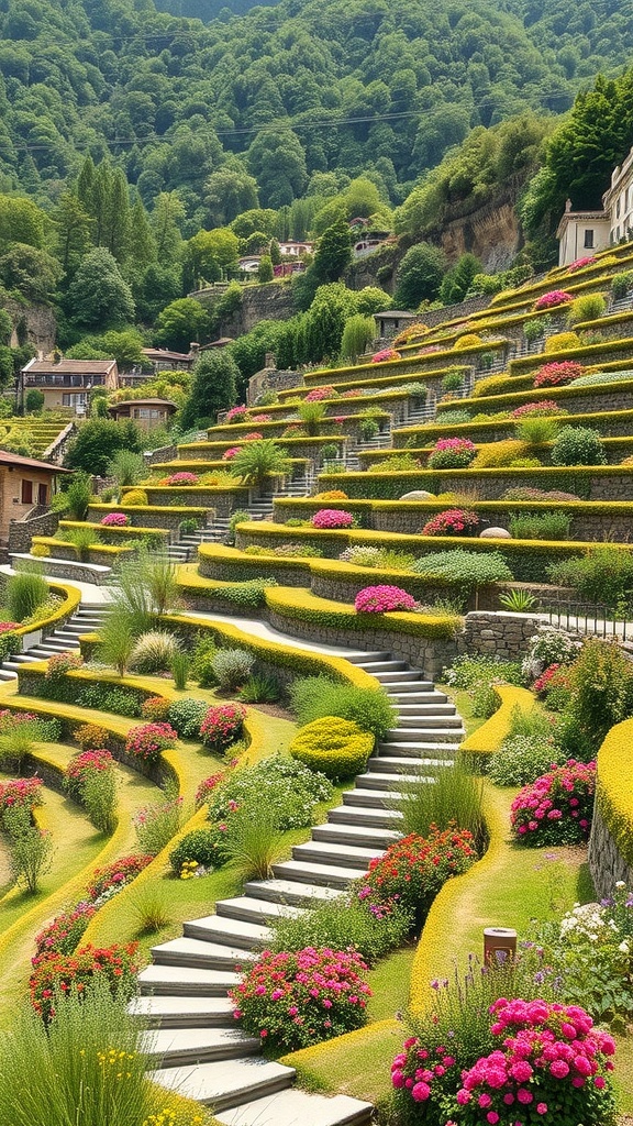 A vibrant terraced garden with colorful flowers and steps leading down a slope.