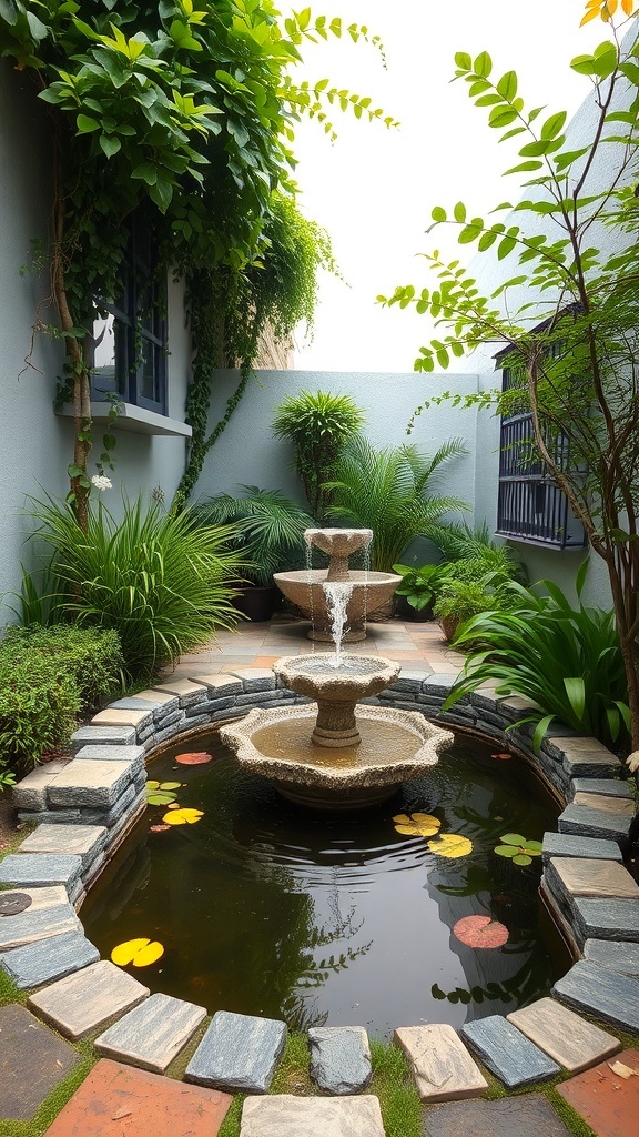 A serene side garden featuring a fountain surrounded by lush plants and a small pond with lily pads.
