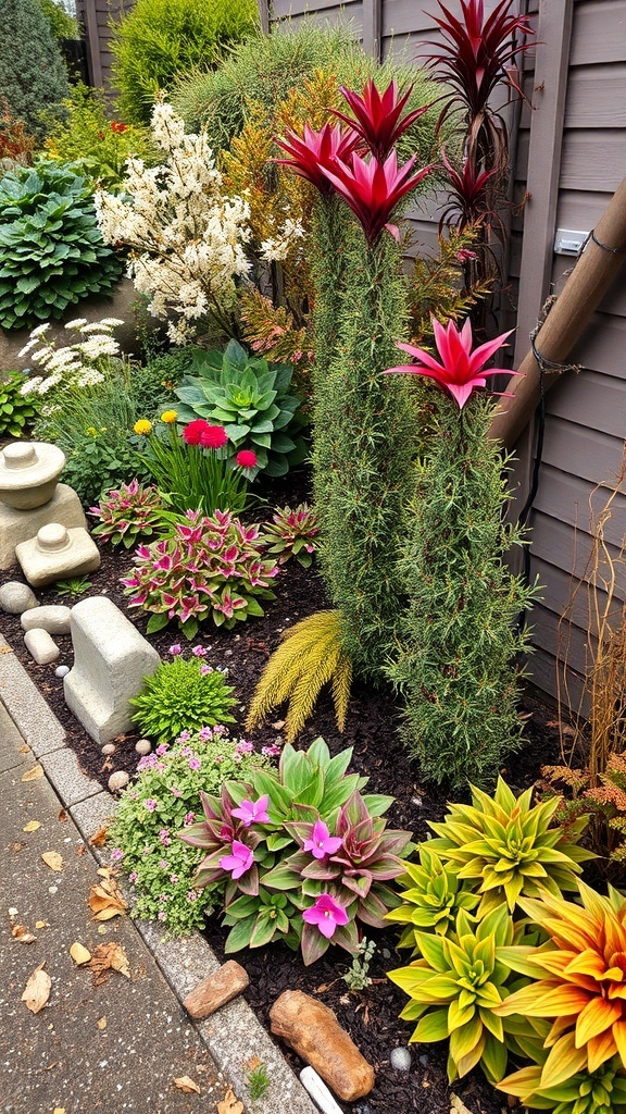 A colorful side garden featuring a variety of plants, including tall spiky plants, vibrant flowers, and lush greenery.