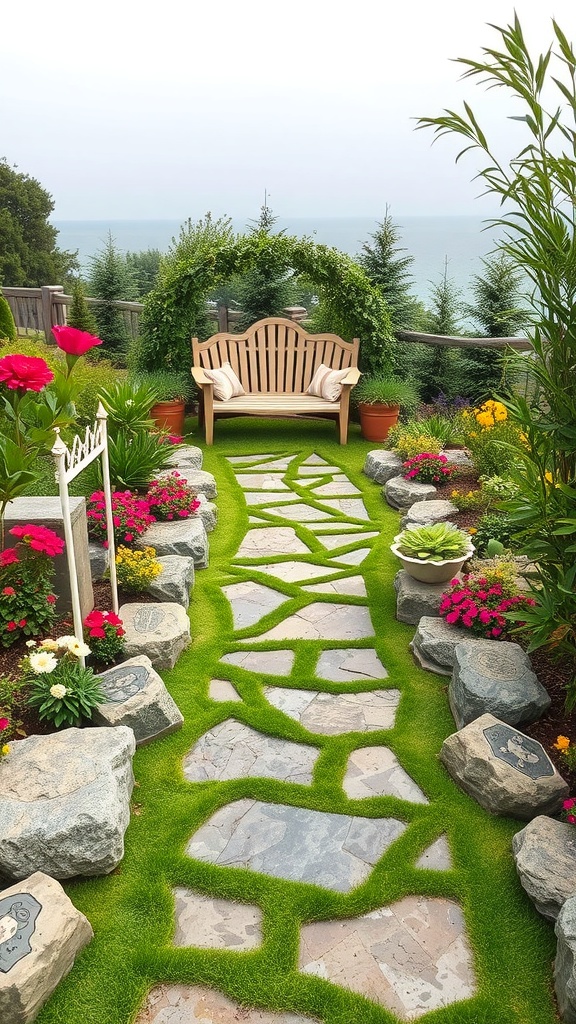 A charming garden pathway with stone tiles surrounded by colorful flowers and a wooden bench.