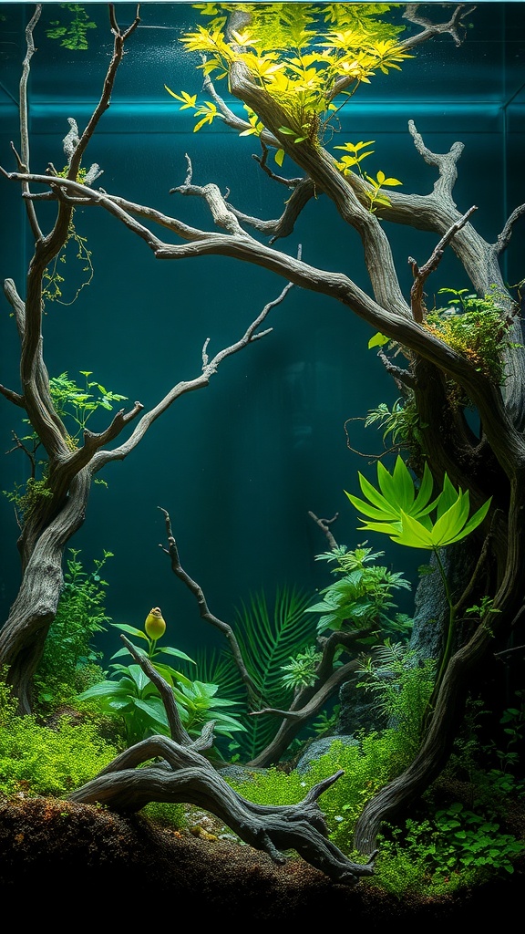 A beautifully arranged aquascape featuring driftwood and lush greenery in an indoor water garden.