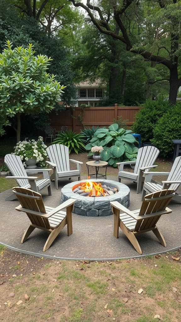 A cozy fire pit surrounded by Adirondack chairs in a garden setting.