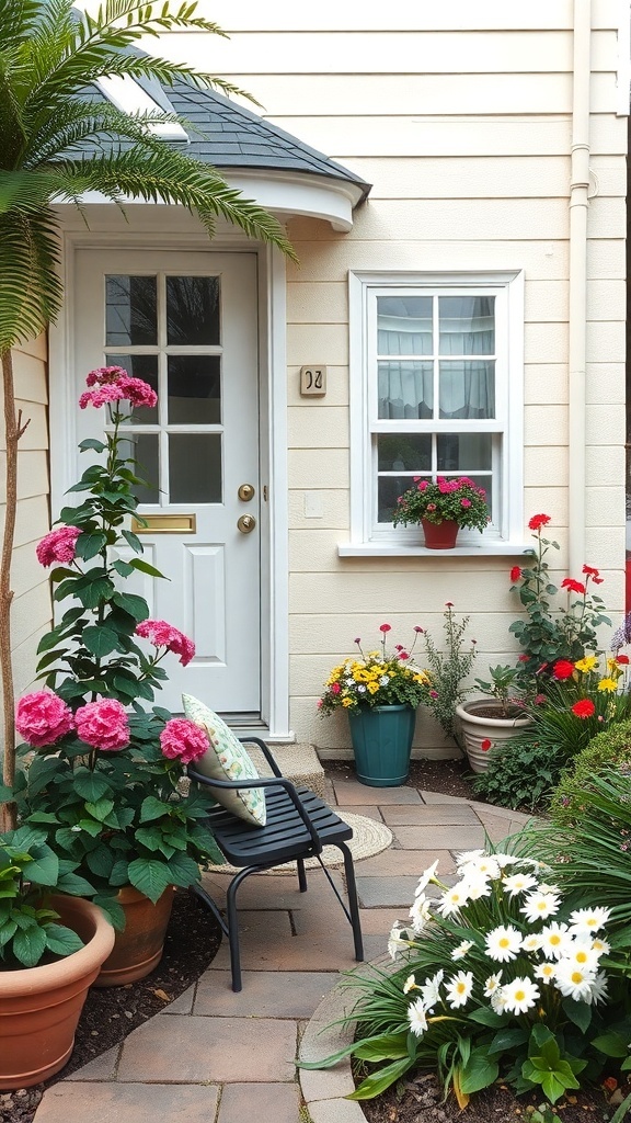 A cozy front garden with a black chair surrounded by colorful flowers and plants.