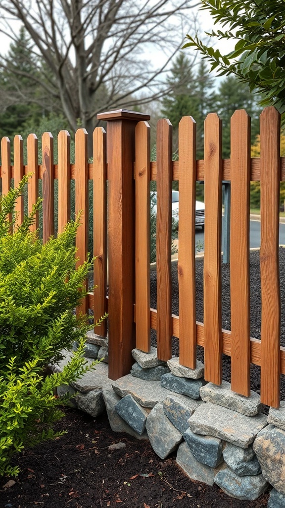 A wooden fence with a stone base, surrounded by greenery