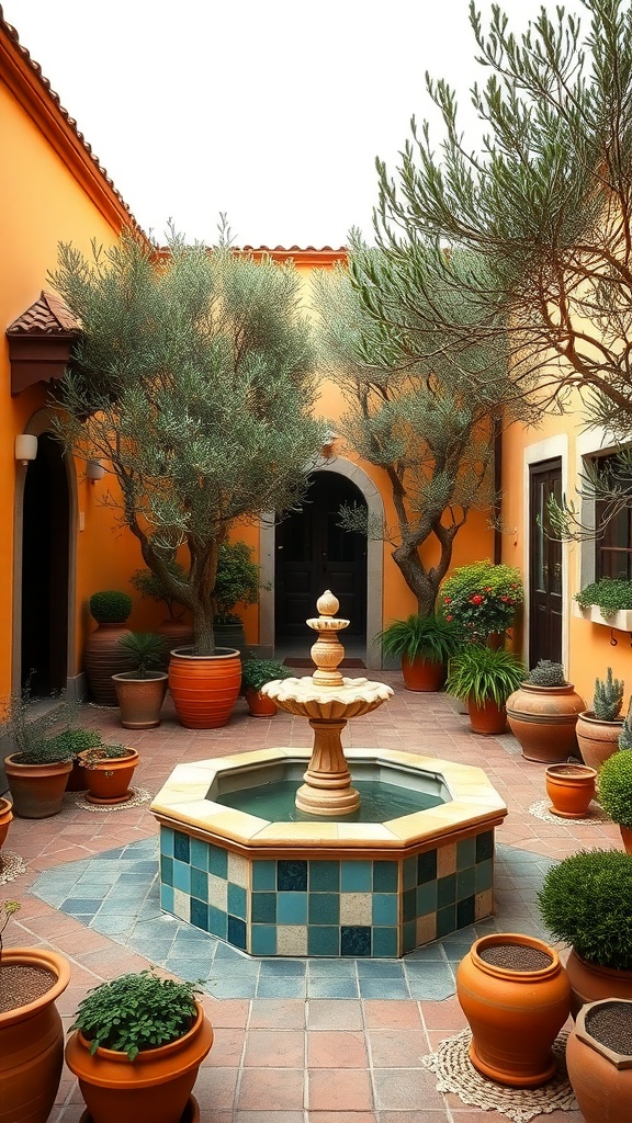 Mediterranean courtyard with a fountain surrounded by terracotta pots and olive trees.