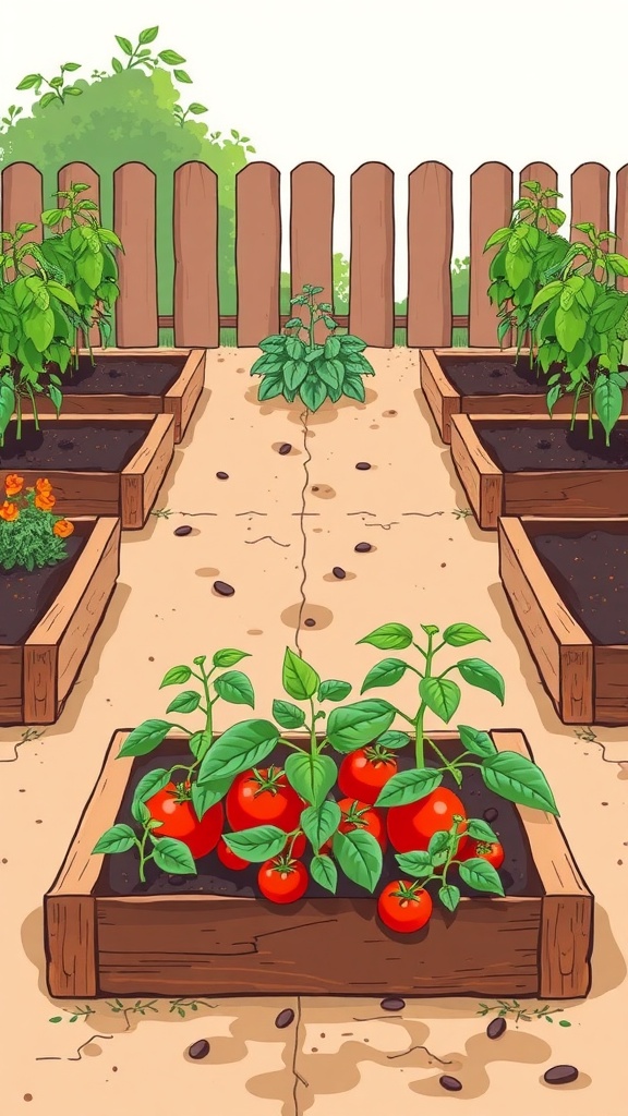 Illustration of raised garden beds with tomatoes, basil, and marigolds, showcasing companion planting.