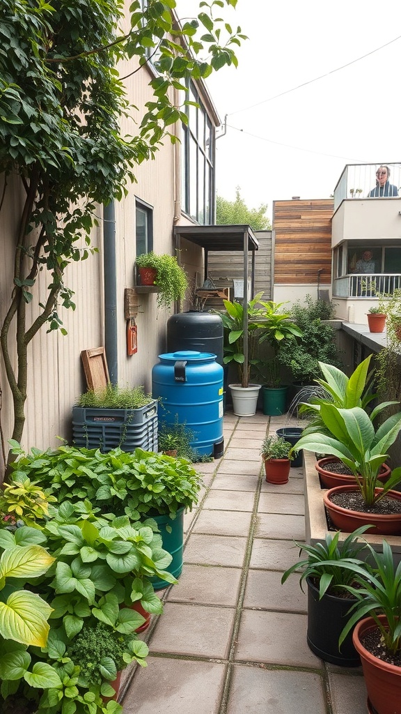 A terrace garden featuring various potted plants, a blue water tank, and a pathway.