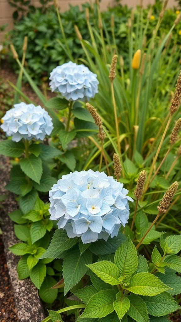 Blue hydrangeas in a garden with green foliage