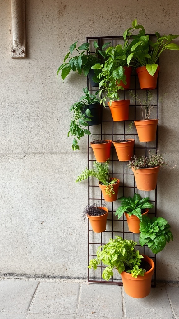 Vertical garden structure with multiple pots filled with plants