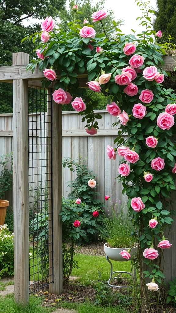 A rustic wooden trellis covered with pink roses in a garden
