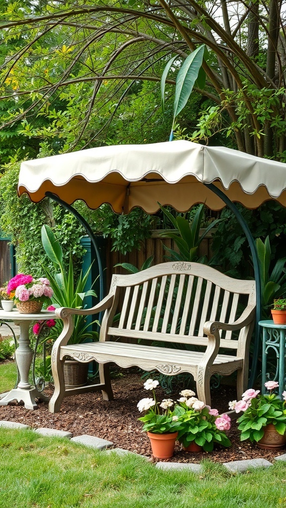 A garden bench with a canopy surrounded by flowers and greenery.