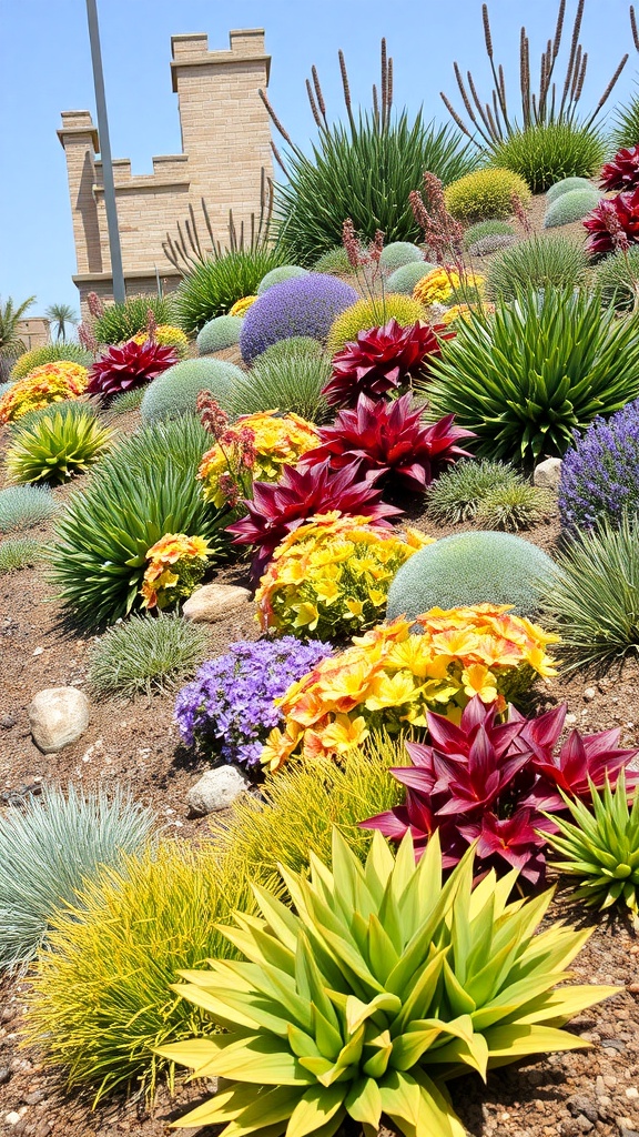 A colorful sloped garden featuring various succulents, flowering plants, and ornamental grasses.