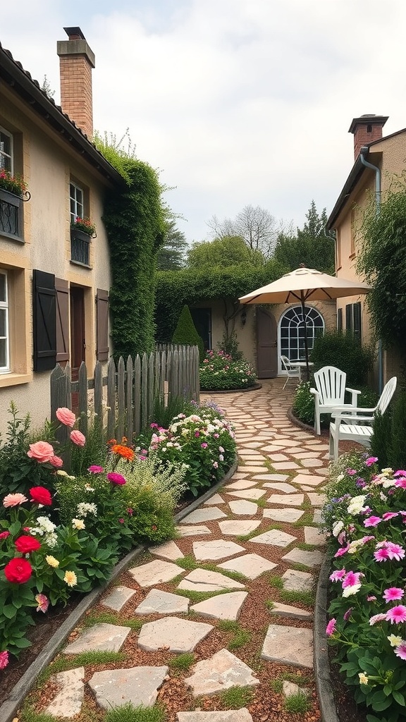 A charming garden pathway lined with colorful flowers, leading to a cozy seating area with an umbrella.