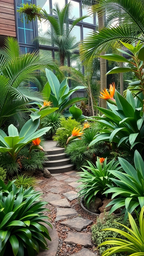 A tropical garden with a stone pathway surrounded by lush green plants and vibrant orange flowers.