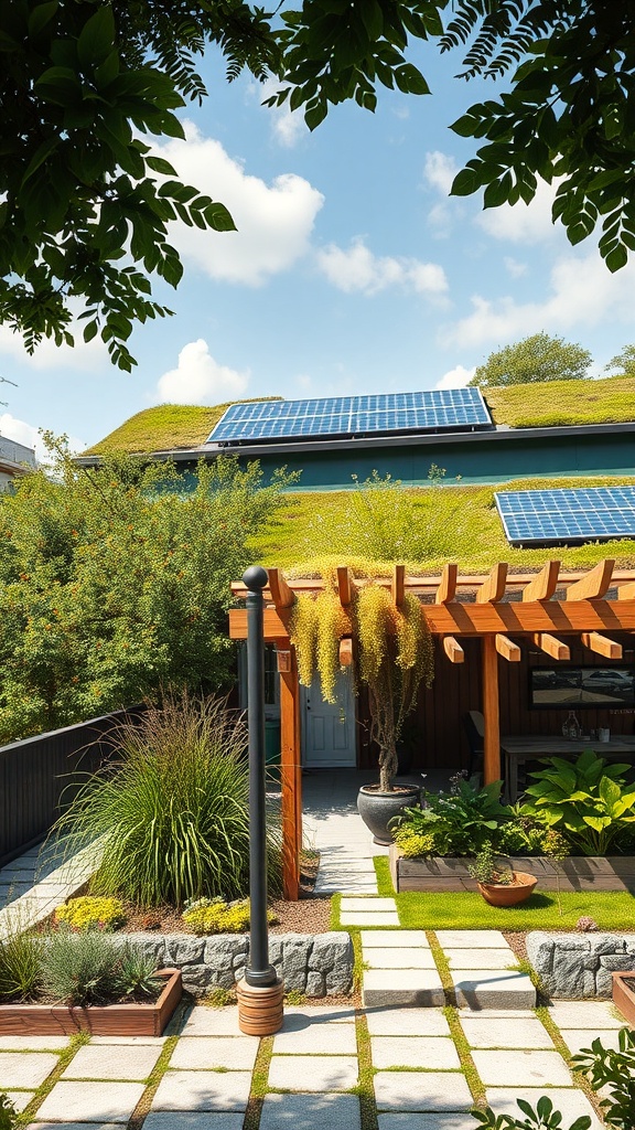A sustainable green roof featuring lush vegetation and solar panels, surrounded by a well-designed garden area.