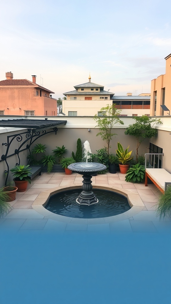A serene roof garden with a fountain surrounded by plants