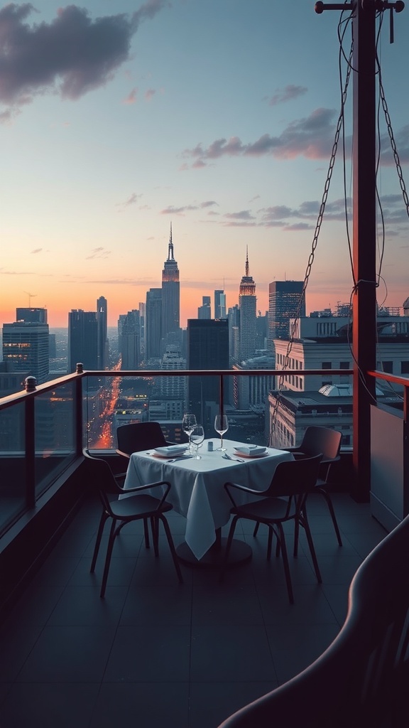 A rooftop dining setup with a table and chairs overlooking a city skyline at sunset.